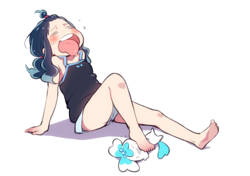 =_= barefoot blue_hair camisole closed_eyes coffret_(heartcatch_precure!) forehead heartcatch_precure! hot kurumi_erika precure shorts sitting stepped_on tongue tongue_out ukokkei