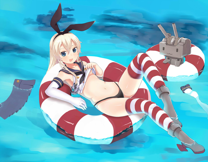 black_panties blonde_hair blue_eyes elbow_gloves gloves innertube kantai_collection long_hair looking_at_viewer midriff moutama navel panties partially_submerged rensouhou-chan shimakaze_(kantai_collection) shiny shiny_skin shirt_lift skirt skirt_removed solo striped striped_legwear thighhighs underwear white_gloves