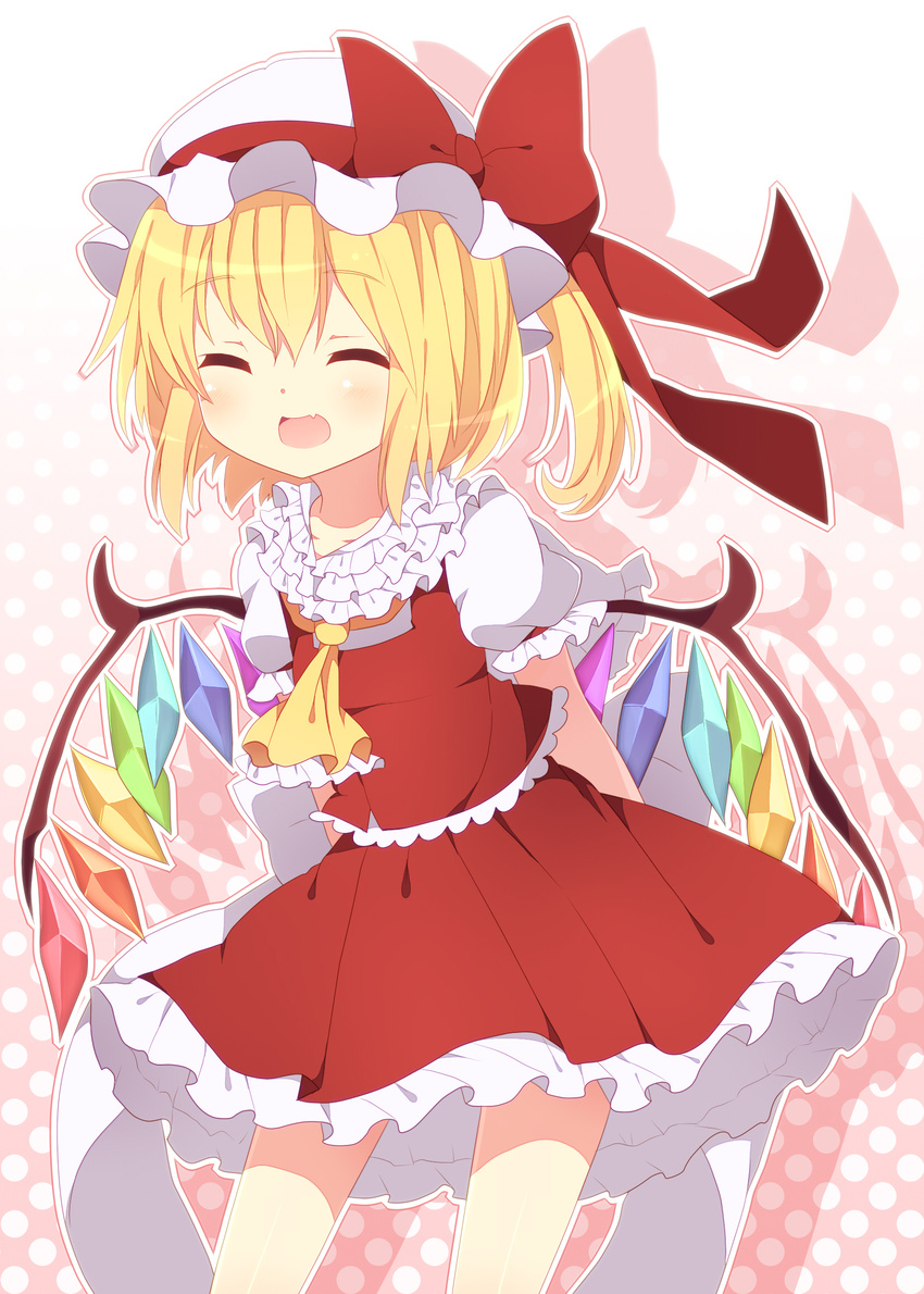 abandon_ranka arms_behind_back ascot blush bow closed_eyes crystal flandre_scarlet hat hat_bow highres open_mouth puffy_sleeves short_sleeves side_ponytail solo touhou wings