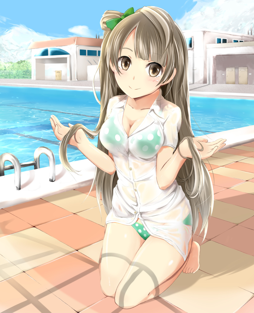 bikini bikini_under_clothes brown_eyes brown_hair day dress_shirt green_bikini hako_roku highres kneeling lifeguard_chair long_hair looking_at_viewer love_live! love_live!_school_idol_project minami_kotori outdoors polka_dot polka_dot_bikini polka_dot_swimsuit pool pool_ladder poolside see-through shadow shirt smile solo swimsuit swimsuit_under_clothes water wet wet_clothes