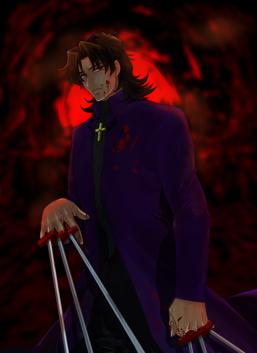 between_fingers black_gloves blood blood_on_face brown_eyes brown_hair cross cross_necklace fate/stay_night fate_(series) gloves highres jewelry kiby447 kotomine_kirei male_focus necklace solo