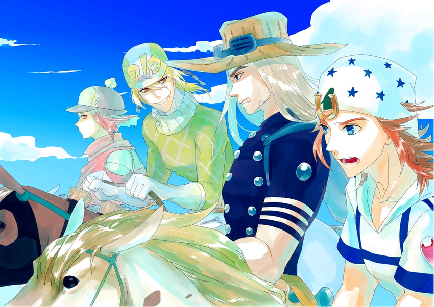 3boys blonde_hair diego_brando green_shirt group_picture group_profile gyro_zeppeli hat horse hot_pants_(sbr) johnny_joestar jojo_no_kimyou_na_bouken lineup multiple_boys naanya_(9849122) profile red_hair shirt steel_ball_run