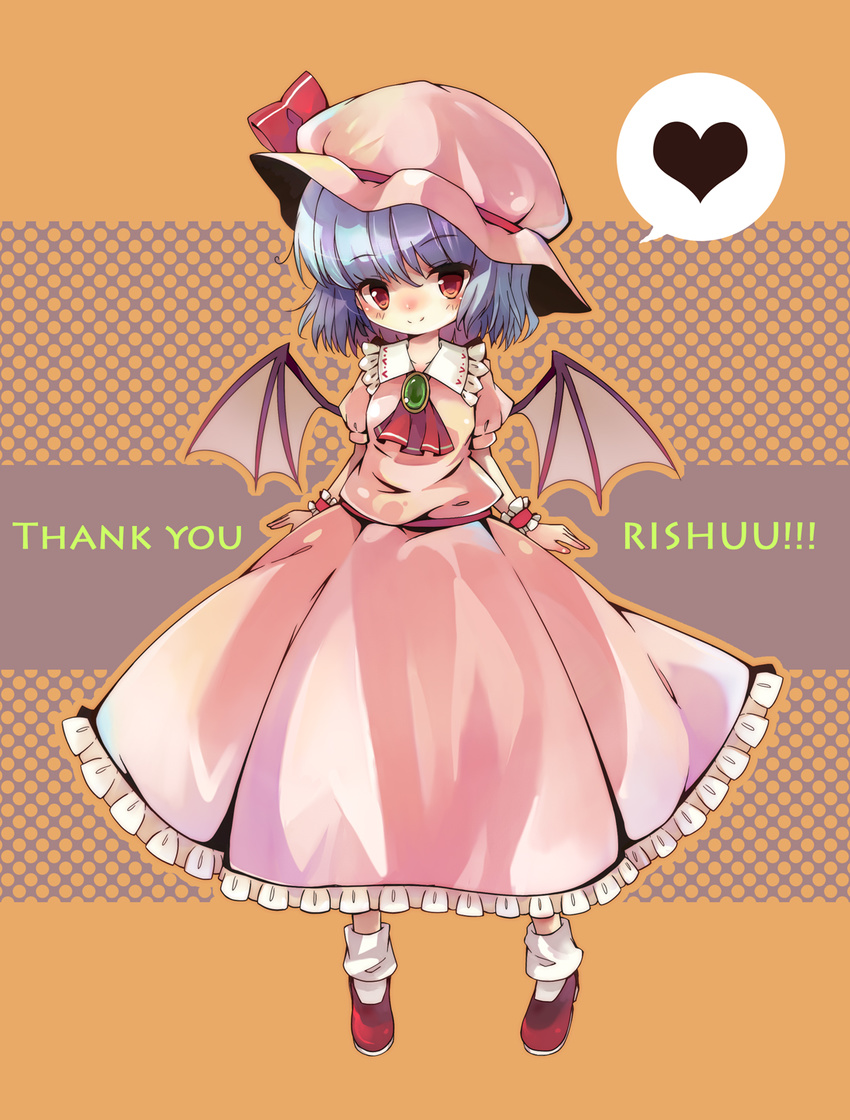 blue_hair colorized hat highres looking_at_viewer mob_cap musou_yuchi red_eyes remilia_scarlet smile solo touhou wings