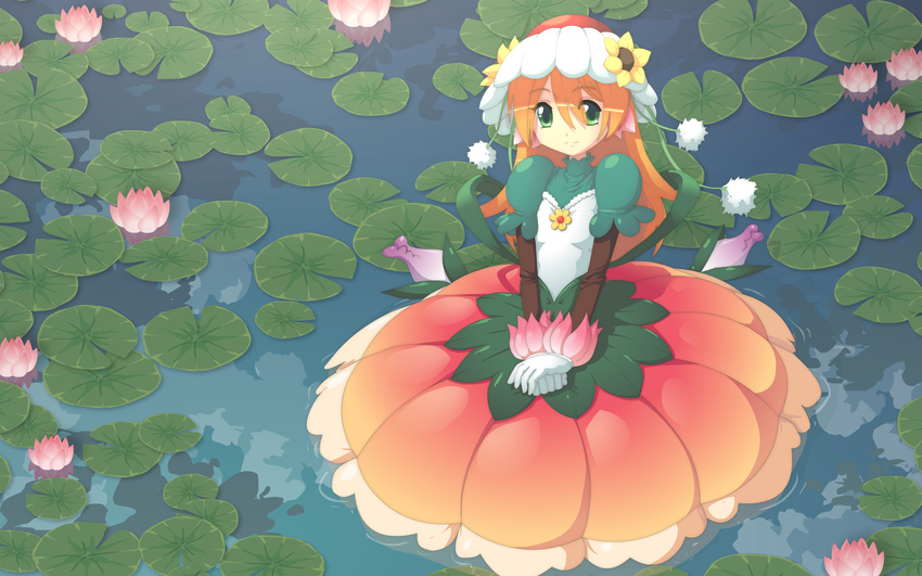 cloud commentary dress flower gloves green_eyes hat highres john_su lily_pad long_hair lotus orange_hair original reflection smile solo water white_gloves