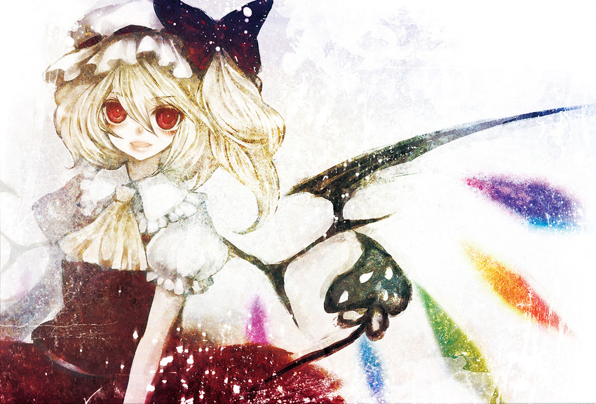 blonde_hair duca flandre_scarlet hat laevatein light_smile open_mouth red_eyes solo touhou wings