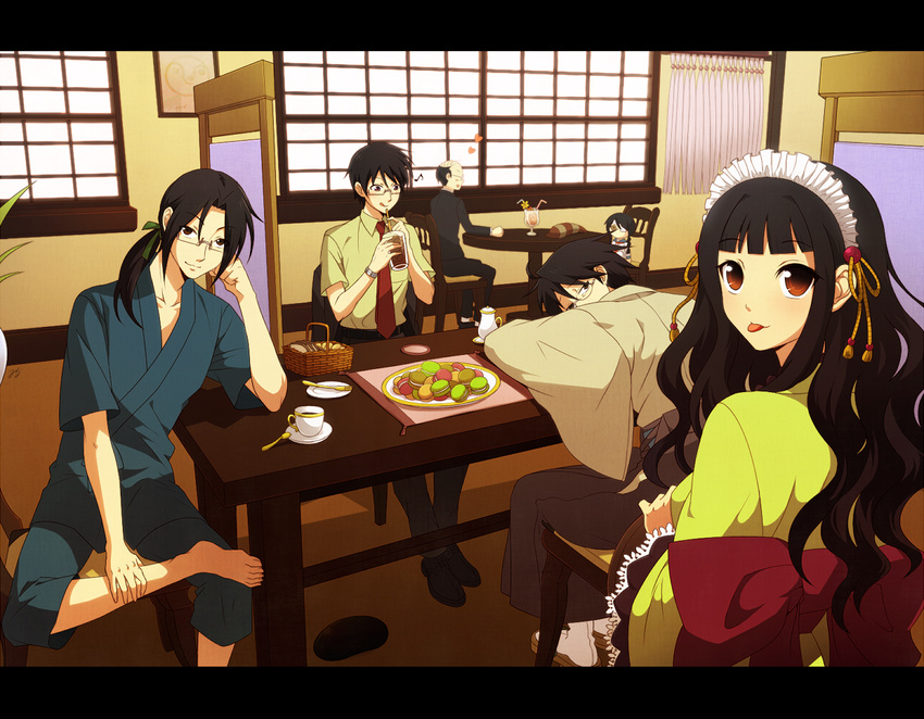 5boys :p :q ahoge bald bangs barefoot black_eyes black_hair blunt_bangs bow brown_eyes cup doll food gakuran geta glasses hakama heart itoshiki_kei itoshiki_mikoto itoshiki_nozomu itoshiki_rin japanese_clothes kimono kobushi_abiru letterboxed long_hair looking_back male_focus milcho multiple_boys necktie ponytail sandals sayonara_zetsubou_sensei school_uniform short_hair siblings smile tabi table tea teacup tongue tongue_out usui_kagerou watch wavy_hair