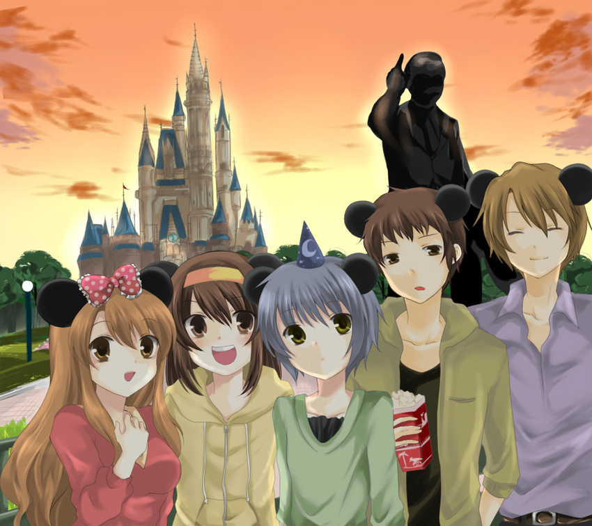 3girls animal_ears asahina_mikuru bad_id bad_pixiv_id brown_eyes brown_hair castle disneyland food grey_hair hairband kemonomimi_mode koizumi_itsuki kyon long_hair middle_finger mouse_ears multiple_boys multiple_girls nagato_yuki popcorn short_hair statue suzuka_(rose_coffee) suzumiya_haruhi suzumiya_haruhi_no_yuuutsu walt_disney