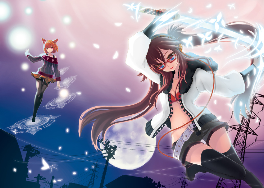 animal_ears bad_id bad_pixiv_id belt bikini_top black_legwear blue_eyes bug butterfly cable dutch_angle energy_sword floating_hair flying full_moon glasses glowing headphones house insect juke katana long_hair magic_circle midriff moon multiple_girls navel night night_sky open_clothes open_shirt orange_hair original panties panties_under_pantyhose pantyhose pink_hair pole power_lines shirt short_hair shorts sky sword thigh_gap thighband_pantyhose thighhighs twintails underwear very_long_hair weapon