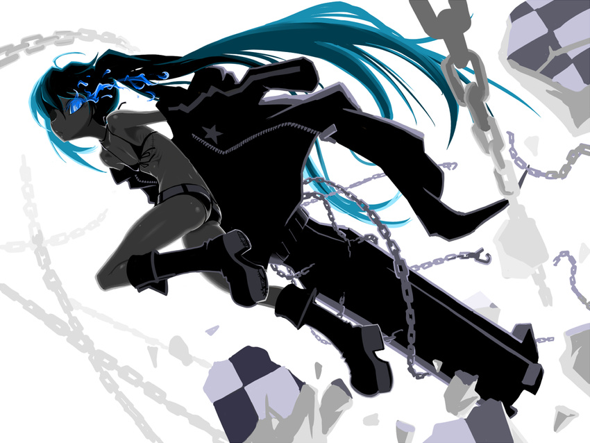 arm_cannon bikini_top black_rock_shooter black_rock_shooter_(character) boots chain glowing glowing_eyes indee long_hair ribs shorts solo twintails weapon