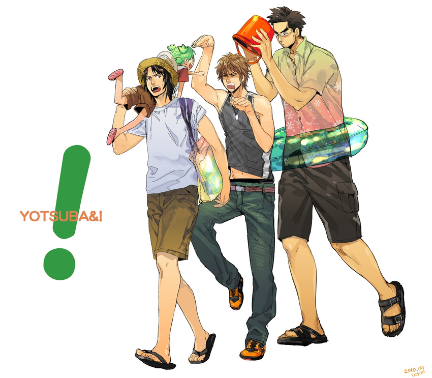 3boys angry bad_id bad_pixiv_id bag belt brown_hair bucket carrying child denim eyebrows father_and_daughter fighting_stance glasses green_hair hat highres icym innertube jeans jumbo koiwai_yotsuba long_hair male_focus mr_koiwai multiple_boys navel open_mouth pants sandals shirt shoes shorts straw_hat t-shirt yanda yotsubato!