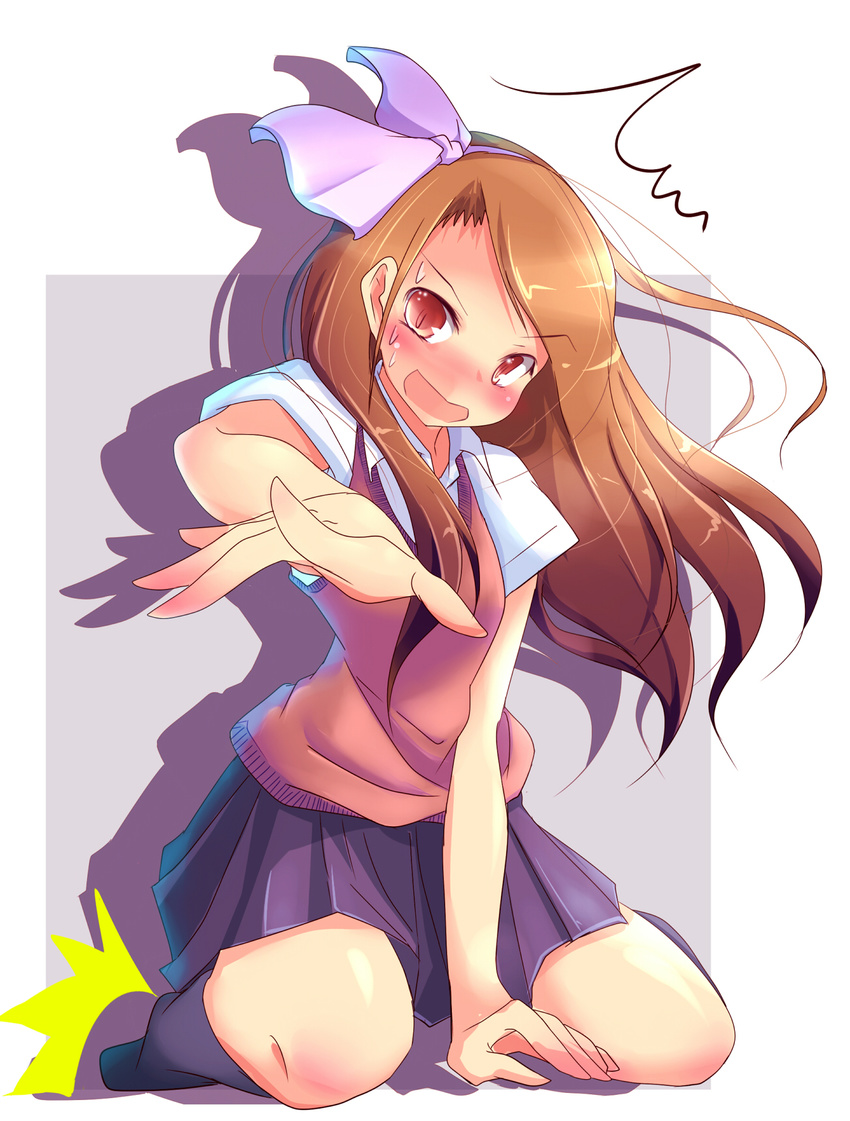 1girl bad_id bad_pixiv_id blush highres idolmaster idolmaster_(classic) idolmaster_2 long_hair minase_iori natsu_(anta_tte_hitoha) open_mouth outstretched_arm outstretched_hand reaching sitting solo sweatdrop