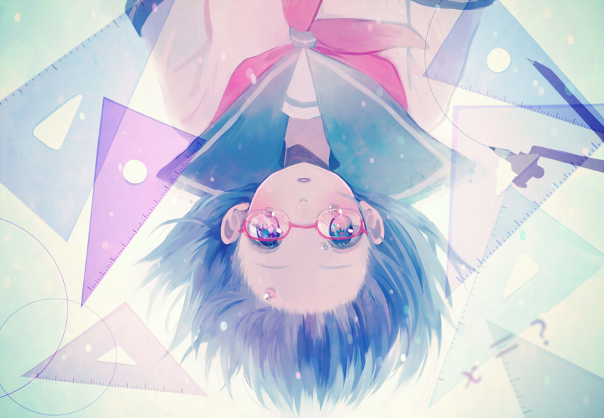 bad_id bad_pixiv_id blue_eyes blue_hair blue_sailor_collar bob_cut circle compass_(instrument) flat_chest glasses light_particles math neckerchief original over-rim_eyewear parted_lips protractor red-framed_eyewear red_neckwear sailor_collar school_uniform semi-rimless_eyewear serafuku set_square short_hair solo tamayo tears transparent upper_body upside-down vocaloid