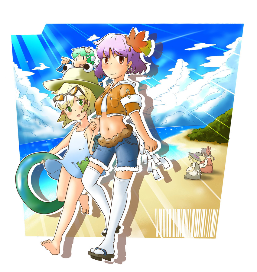 alternate_costume barefoot beach blonde_hair borisx casual cloud contemporary day feet hakurei_reimu highres innertube kirisame_marisa kochiya_sanae moriya_suwako multiple_girls sky sunglasses thighhighs touhou yasaka_kanako