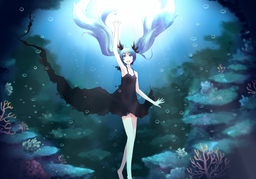 :d arm_up bare_legs bare_shoulders blue_eyes blue_hair bubble coral floating_hair hanamuke hatsune_miku long_hair open_mouth outstretched_arm outstretched_hand reaching shinkai_shoujo_(vocaloid) smile solo twintails underwater vocaloid