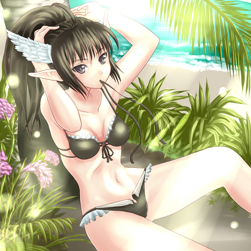 adjusting_hair beach bikini black_eyes black_hair day head_wings highres long_hair mouth_hold outdoors pointy_ears ponytail pt@i ribbon ribbon_in_mouth shining_(series) shining_wind solo swimsuit water xecty_ein