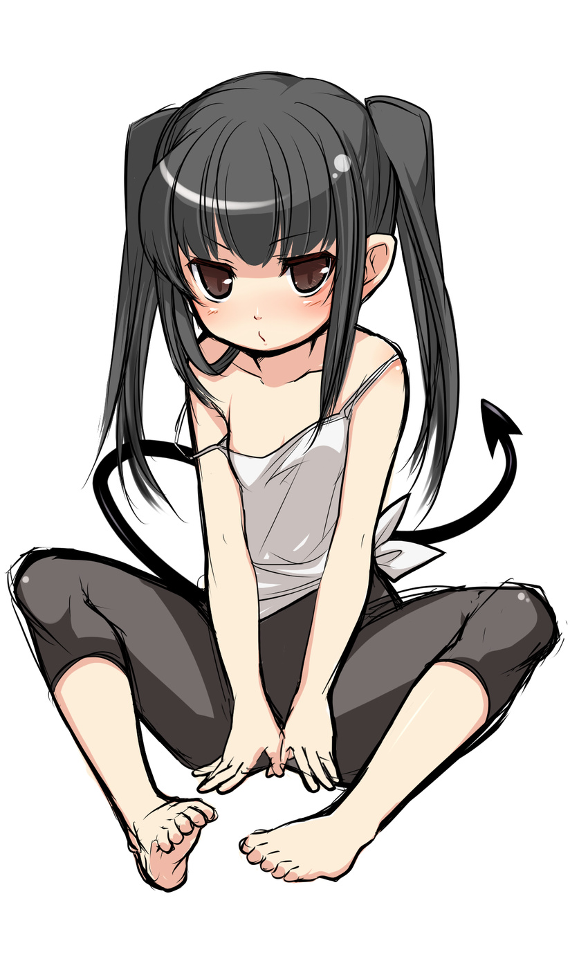 bare_shoulders barefoot black_hair brown_eyes demon_tail face feet highres kosumo long_hair original simple_background sketch soles solo strap_slip tail toe_scrunch toes twintails younger