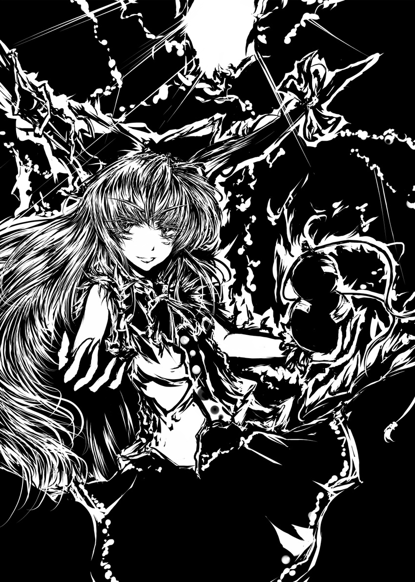 acryl bad_id bad_pixiv_id bow eyebrows gourd greyscale hair_bow highres horns ibuki_suika long_hair monochrome solo thick_eyebrows touhou