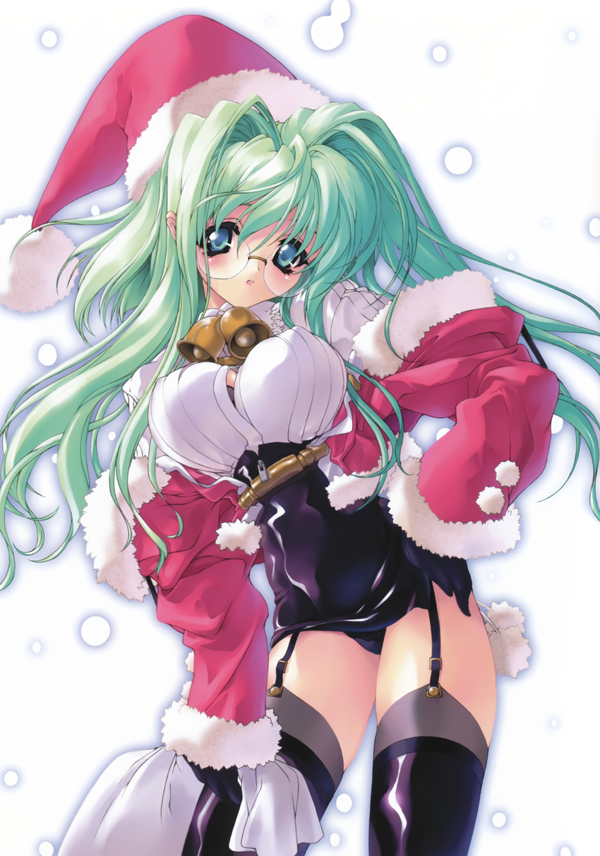 absurdres bell blue_eyes blush breasts christmas coat contrapposto covered_nipples cowboy_shot fur fur_trim garter_belt glasses green_eyes green_hair hair_intakes hand_on_hip hat highres holding large_breasts leaning_forward long_sleeves miwa_yoshikazu open_mouth original rimless_eyewear sack santa_costume santa_hat solo standing thighhighs zipper