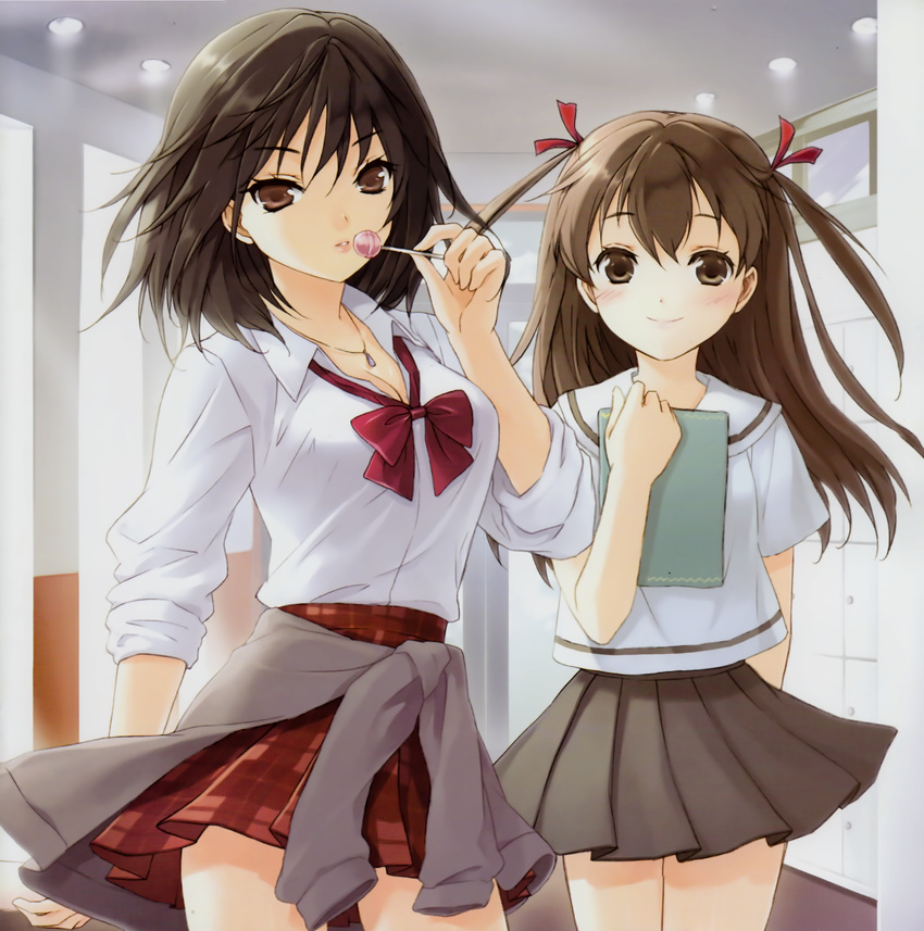 2girls absurdres bessho_koyoi book breasts brown_eyes brown_hair candy cleavage clothes_around_waist cuteg dress_shirt hatsukoi_limited highres jewelry lollipop multiple_girls necklace parted_lips plaid plaid_skirt pleated_skirt school_uniform serafuku shirt skirt sleeves_rolled_up smile sweater sweater_around_waist two_side_up yamamoto_misaki