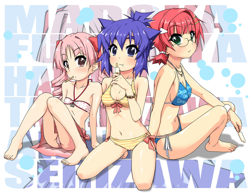 :3 :t animal_ears bangs barefoot bikini blue_bikini blue_eyes blue_hair blunt_bangs blush bow bracelet breasts cameltoe cat_ears character_name cleavage clothes_writing covered_nipples drill_hair eating eyebrows feet flat_chest food food_on_face front-tie_bikini front-tie_top fujimiya_madoka glasses green_eyes hair_bow halter_top halterneck heart heart_print high_ponytail highres holding jewelry k10k kneeling knees_together_feet_apart long_hair multiple_girls navel o-ring o-ring_bottom o-ring_top pani_poni_dash! parted_bangs pink_hair pink_sarong popsicle print_bikini purple_eyes red_hair rimless_eyewear sarong scrunchie serizawa_akane shadow short_hair short_ponytail short_twintails side-tie_bikini sideboob sitting small_breasts string_bikini striped striped_bikini striped_swimsuit swimsuit takamizawa_haruka thick_eyebrows twin_drills twintails white_bikini yellow_bikini zoom_layer