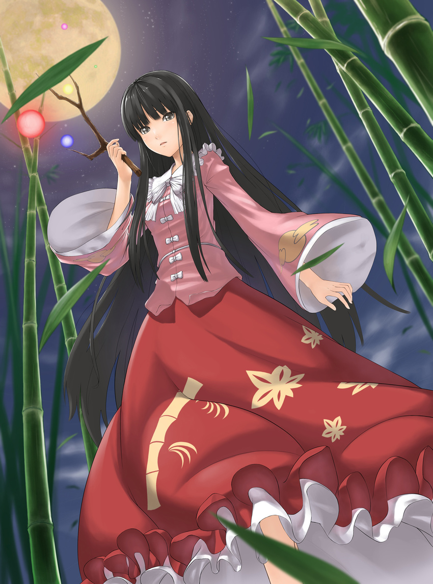 bamboo bamboo_forest black_hair branch forest highres houraisan_kaguya jeweled_branch_of_hourai long_hair moon nature solo touhou touko_(kira2yue) very_long_hair