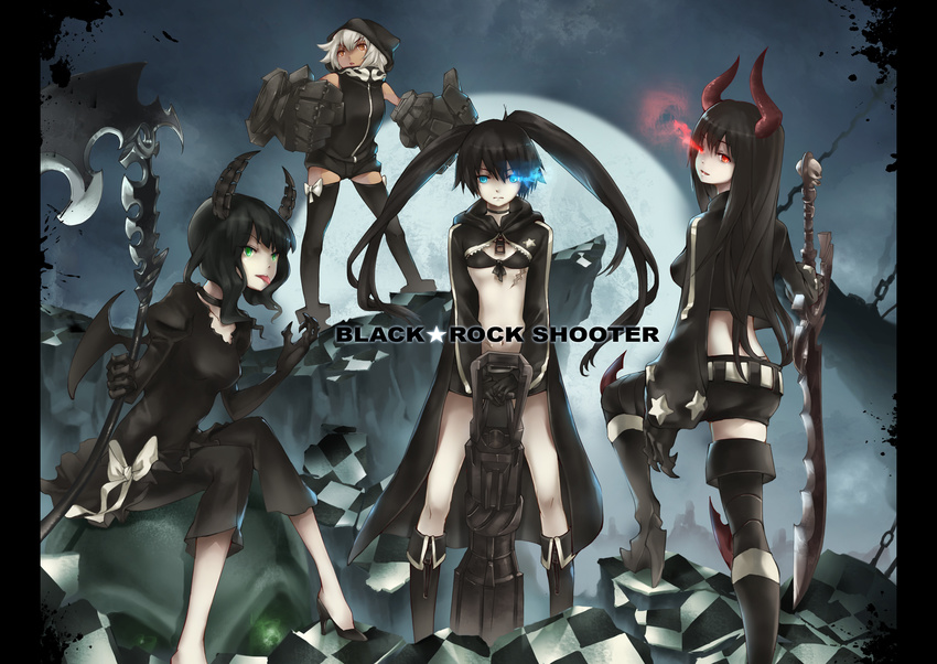 :p arm_cannon bikini_top black_gold_saw black_hair black_rock_shooter black_rock_shooter_(character) blue_eyes boots burning_eye dead_master green_eyes highres hong_(luckeydog) horns king_saw long_hair multiple_girls pale_skin red_eyes scar short_hair strength_(black_rock_shooter) sword thighhighs tongue tongue_out twintails weapon white_hair yellow_eyes