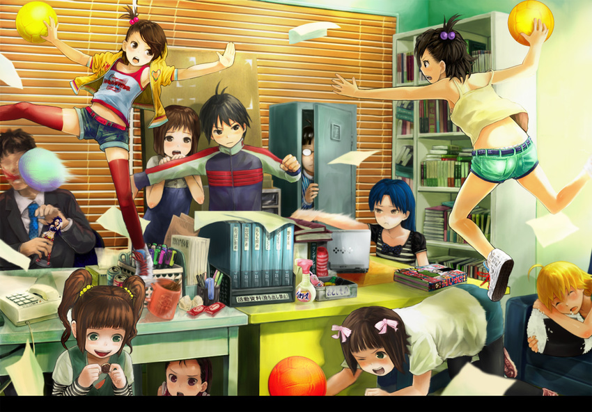 ahoge akizuki_ritsuko amami_haruka antenna_hair bad_id bad_pixiv_id ball black_hair black_legwear blonde_hair blood blue_hair blush book bookshelf bow brown_eyes brown_hair camisole can computer corded_phone couch cup desk dodgeball everyone fighting folder food formal futami_ami futami_mami glasses green_eyes hagiwara_yukiho hair_bobbles hair_bow hair_ornament hairband hoshii_miki idolmaster idolmaster_(classic) jacket kikuchi_makoto kisaragi_chihaya laptop locker midair midriff minase_iori miura_azusa mug multiple_girls necktie office okazun one_eye_closed onigiri open_mouth pantyhose paper peeking pen phone pink_eyes playing_games producer_(idolmaster) profile raglan_sleeves red_legwear saliva scissors shoes short_hair shorts siblings sisters skirt sleeping sleeves_pushed_up smile sneakers stationery suit takatsuki_yayoi thighhighs throwing toy twins twintails under_table volleyball wince zettai_ryouiki