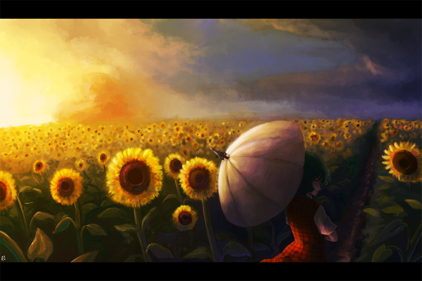 bad_id bad_pixiv_id cloud field flower flower_field from_behind glowing glowing_eye green_hair kazami_yuuka letterboxed looking_back plaid plaid_skirt plaid_vest r2sais red_eyes short_hair skirt skirt_set solo sunflower sunset touhou umbrella vest