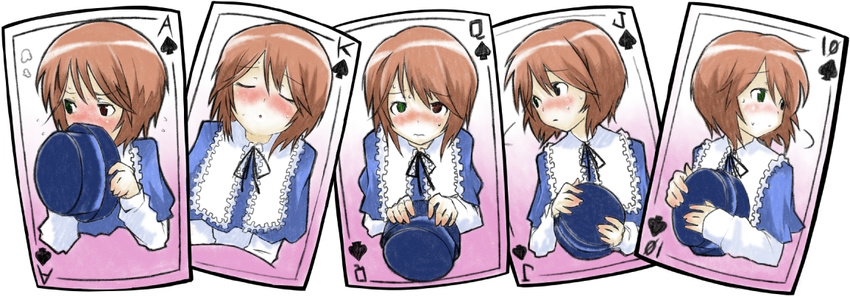 blush brown_hair card card_(medium) closed_eyes covering_mouth embarrassed fukanensei hat hat_removed headwear_removed heterochromia incoming_kiss multiple_views playing_card rozen_maiden short_hair souseiseki tsundere
