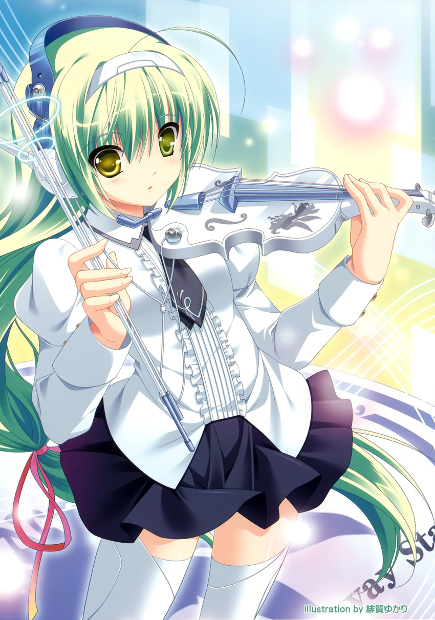 absurdres frilled_shirt frills green_eyes green_hair higa_yukari highres instrument juliet_sleeves long_hair long_sleeves necktie original puffy_sleeves shirt skirt solo thighhighs tuxedo_shirt violin