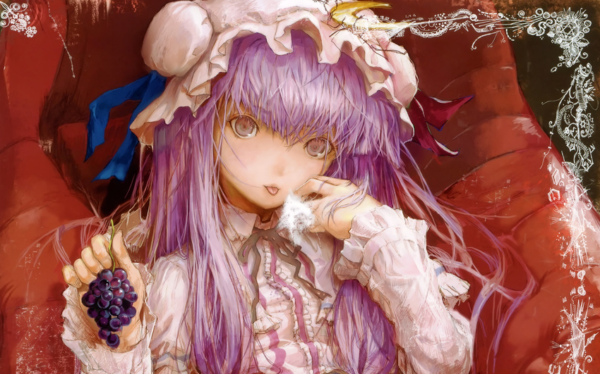 :p bow bun_cover capelet coat couch crescent crescent_hair_ornament double_bun dress food frills fruit fuyuno_haruaki grapes hair_bow hair_ornament hair_ribbon hat highres holding holding_food holding_fruit long_hair long_sleeves looking_at_viewer mob_cap open_clothes open_coat open_robe patchouli_knowledge purple_dress purple_hair ribbon robe sitting solo striped striped_dress tongue tongue_out touhou tress_ribbon very_long_hair