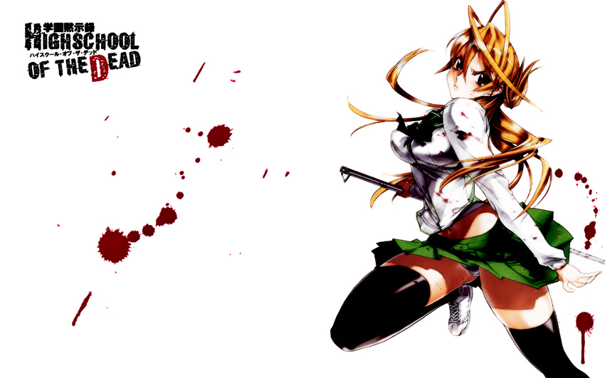 blood highschool_of_the_dead miyamoto_rei panties red_eyes seifuku thigh-highs underwear weapon white