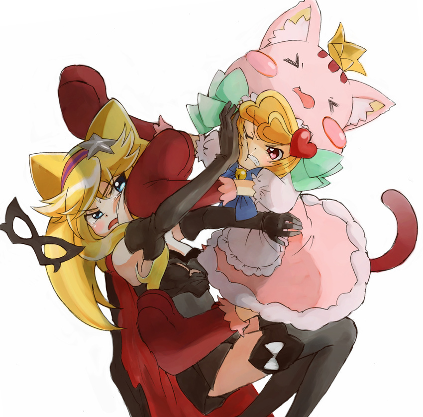 &gt;_&lt; angry animal_ears animal_hat anyamal_tantei_kirumin_zoo bad_id bad_pixiv_id beauty_bat bell blonde_hair blue_eyes blush boots bow cape cat cat_ears cat_paws cat_tail catfight cleavage_cutout closed_eyes crown elbow_gloves fang fighting gloves gothic_lolita hair_ornament hairband hat hatori_kanon heart lolita_fashion long_hair mask mikogami_riko multiple_girls nyama open_mouth orange_hair paws red_eyes ribbon struggling tail tears thighhighs