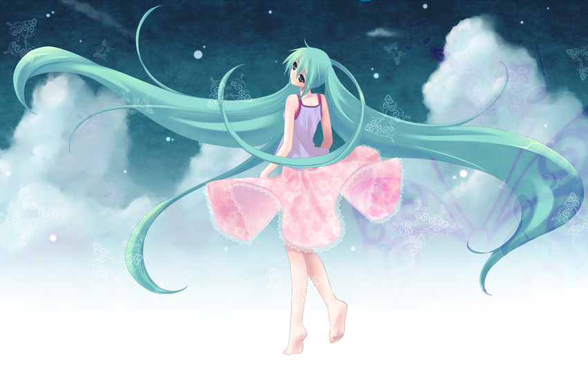 aqua_eyes aqua_hair barefoot bug butterfly feet from_behind hatsune_miku highres insect long_hair looking_back nana_mikoto skirt soles solo toes twintails very_long_hair vocaloid