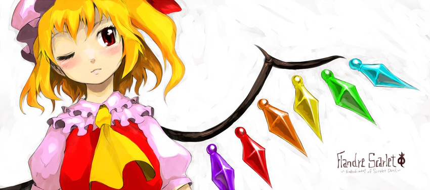 blonde_hair blush character_name flandre_scarlet hat lips one_eye_closed one_side_up oso_(toolate) rainbow_order red_eyes solo touhou white_background wings