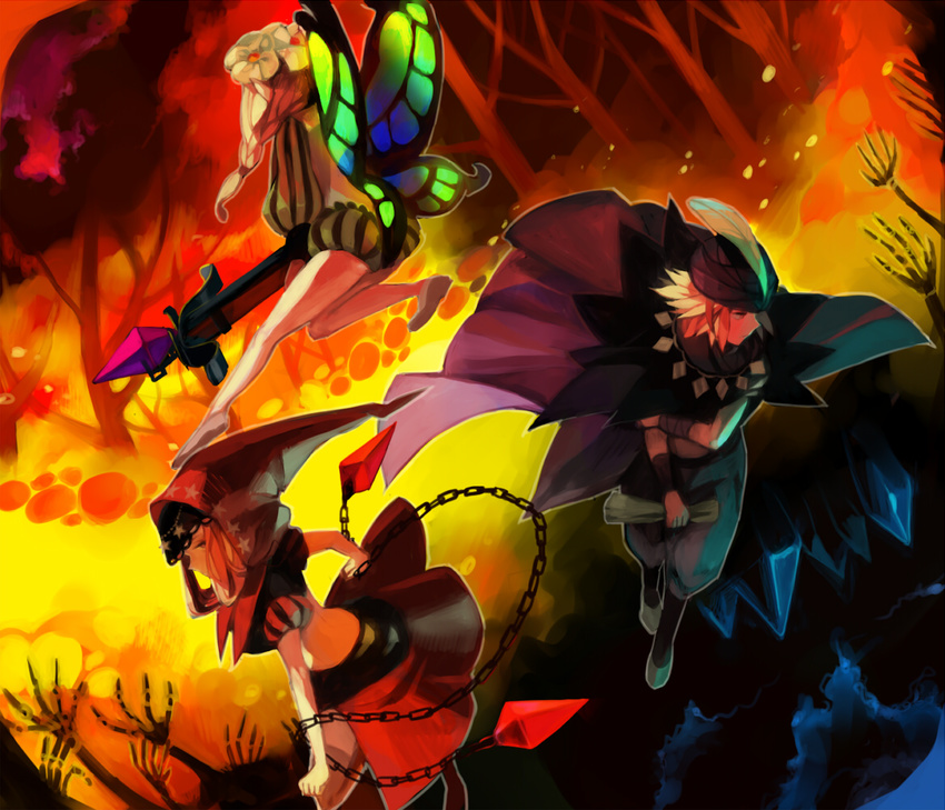 2girls bad_id bad_pixiv_id bow_(weapon) butterfly_wings chain crossbow fairy flower hat hat_feather hood ingway_(odin_sphere) kawwa mercedes multiple_girls odin_sphere pointy_ears velvet_(odin_sphere) weapon wings