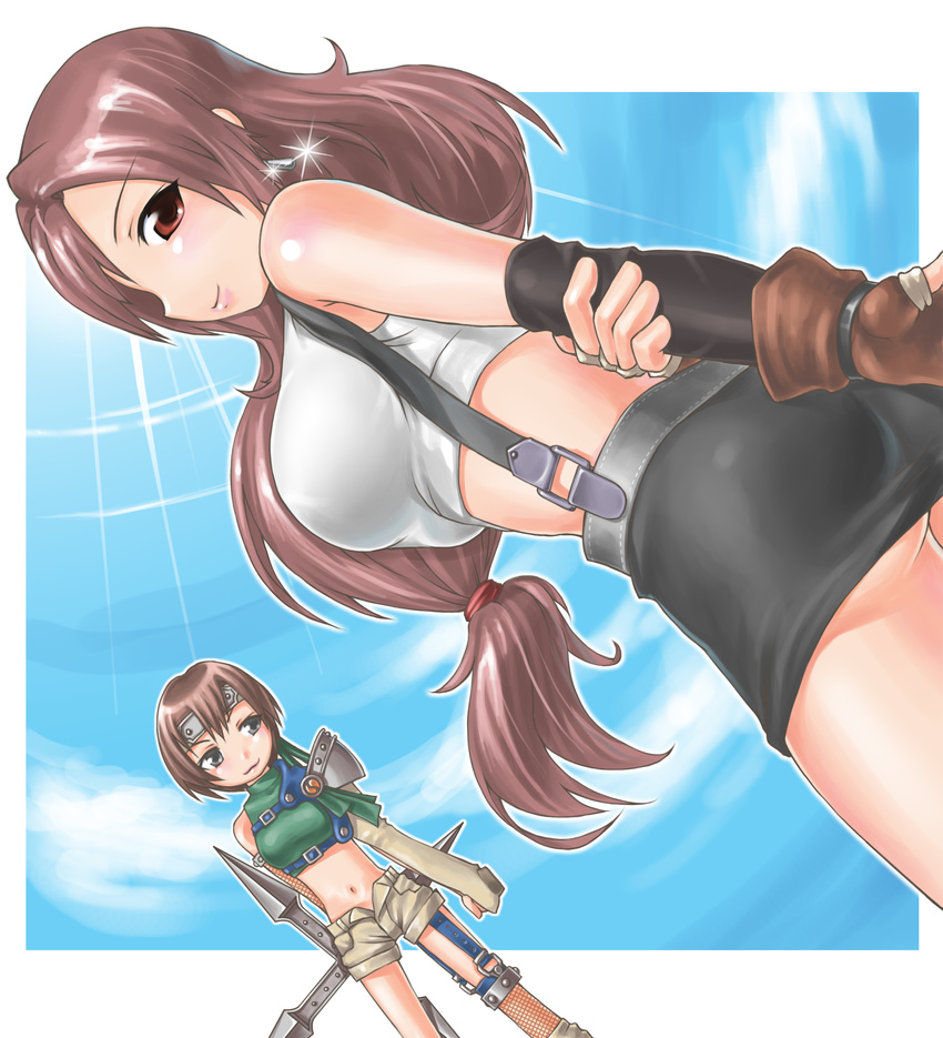 :3 ass bare_shoulders breasts brown_hair final_fantasy final_fantasy_vii highres lips long_hair low-tied_long_hair medium_breasts multiple_girls ninja ninja_(final_fantasy) pencil_skirt shuriken skirt sleeveless sleeveless_turtleneck sparkle takeoutservice tifa_lockhart turtleneck yuffie_kisaragi