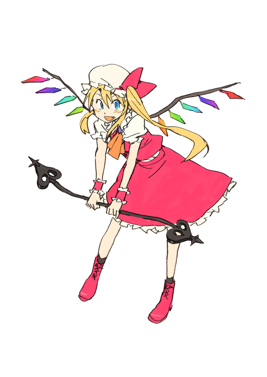 bad_id bad_pixiv_id blonde_hair blush cosplay dress fang flandre_scarlet flandre_scarlet_(cosplay) highres hyakko kageyama_torako katou_haruaki long_hair official_art solo touhou wings