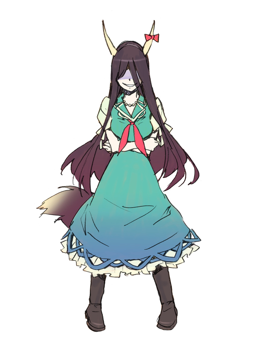 bad_id bad_pixiv_id brown_hair cosplay dress evil_grin evil_smile ex-keine ex-keine_(cosplay) grin highres horns hyakko kamishirasawa_keine katou_haruaki long_hair no_eyes official_art smile solo tail touhou tsubomiya_inori