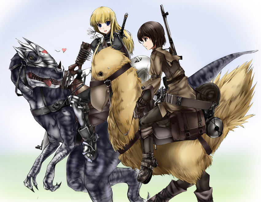 abubu armor bag barding blonde_hair blue_eyes boots brown_eyes brown_hair bullet cavalry chocobo claws dinosaur dinosaur_riding final_fantasy gloves gun heart long_hair moneybag multiple_girls profile riding rifle saddle satchel short_hair sweatdrop sword teeth weapon