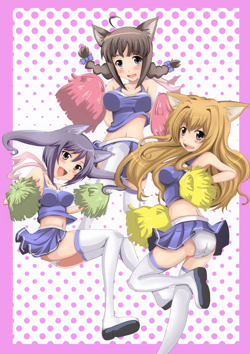 absurdres animal_ears bad_id bad_pixiv_id braid brown_hair cat_ears cheerleader highres long_hair multiple_girls original panties pom_poms purple_hair thighhighs twin_braids twintails underwear yotsuha_(little_squash) zettai_ryouiki