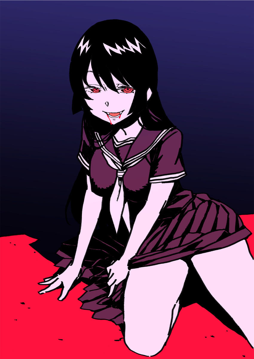 black_hair blood fangs highres kaibutsu_oujo kamura_reiri katou_haruaki kneeling legs long_hair long_skirt red_eyes school_uniform skirt solo vampire