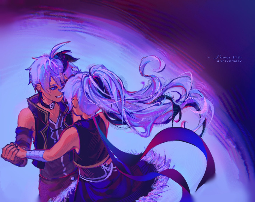 2girls ahoge androgynous anniversary arm_warmers bandaged_wrist bandages bare_shoulders black_hair collar collared_dress dress dual_persona ear_piercing english_commentary english_text flower_(vocaloid) flower_(vocaloid3) flower_(vocaloid4) floweringlark jacket long_hair looking_at_another multicolored_hair multiple_girls open_mouth piercing ponytail purple_arm_warmers purple_eyes purple_shirt shirt short_hair skirt sleeveless sleeveless_jacket smile streaked_hair striped_arm_warmers two-tone_hair vocaloid waltz_(dance) white_hair