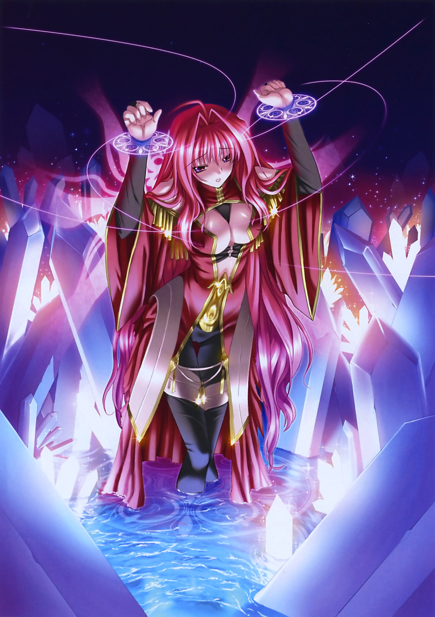 absurdres ahoge arms_up bdsm blush bondage bound breasts bridal_gauntlets cleavage cleavage_cutout corticarte_apa_lagranges crystal dress embarrassed glowing hair_intakes highres kannatsuki_noboru large_breasts long_hair magic magic_circle mature no_bra official_art red_eyes red_hair shinkyoku_soukai_polyphonica solo standing very_long_hair wading water wet wet_clothes