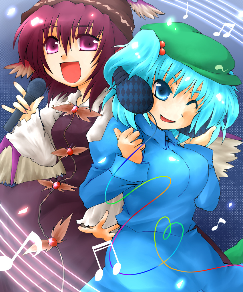 beamed_eighth_notes beamed_sixteenth_notes blue_eyes blue_hair eighth_note hair_bobbles hair_ornament hat highres kawashiro_nitori microphone multiple_girls music musical_note mystia_lorelei pink_eyes quarter_note red_hair singing staff_(music) suna_kiririto touhou two_side_up