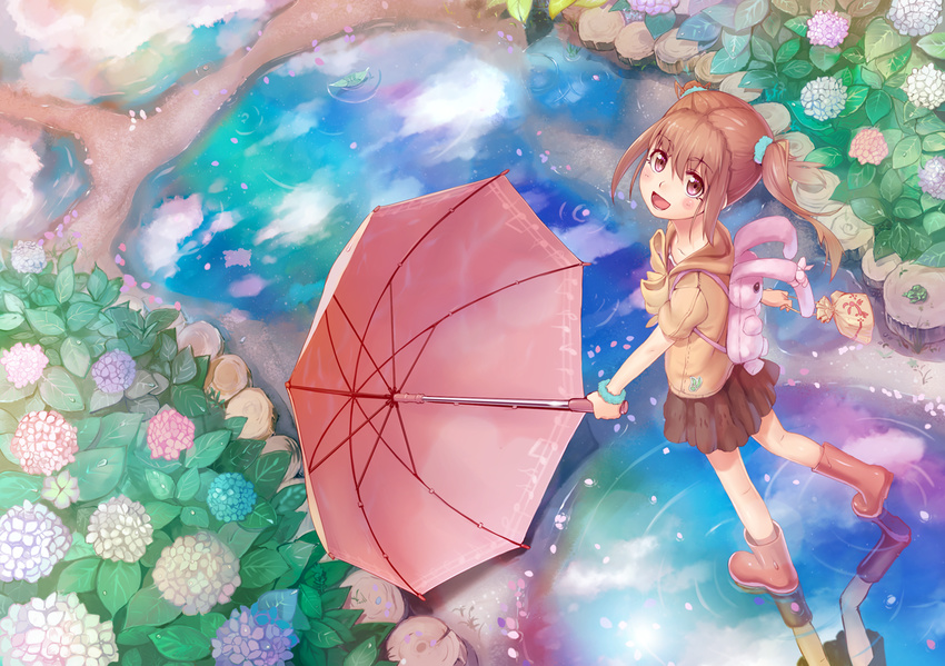 :d blush boots brown_eyes brown_hair flower from_above hydrangea kamome_yuu looking_at_viewer looking_up musical_note open_mouth original pink_footwear reflection rubber_boots short_hair smile solo umbrella
