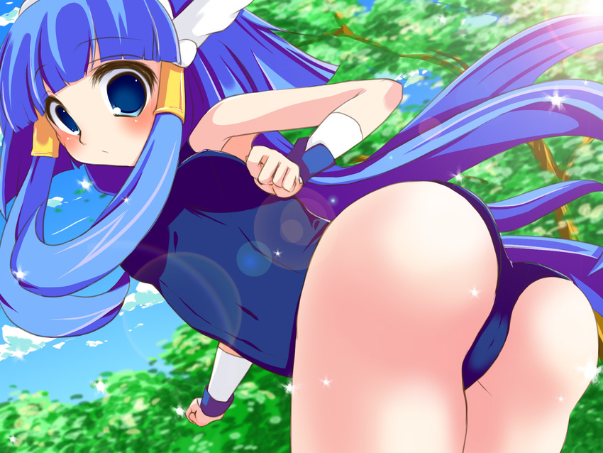 aoki_reika ass back breasts choker cloud cure_beauty day earrings forest g-mero head_wings highres jewelry long_hair looking_back magical_girl medium_breasts nature one-piece_swimsuit precure school_swimsuit sky smile_precure! solo swimsuit tiara tree