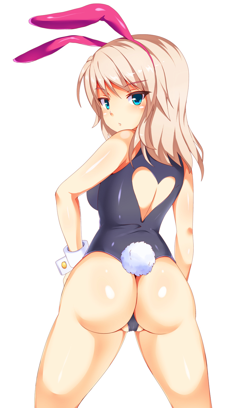 absurdres animal_ears ass bad_id bad_pixiv_id blonde_hair blush bunny_ears bunnysuit heart_cutout highres karaage_teishoku_(regret1994) leotard long_hair looking_at_viewer looking_back one-piece_thong original shiny shiny_skin solo thong_leotard white_background wrist_cuffs