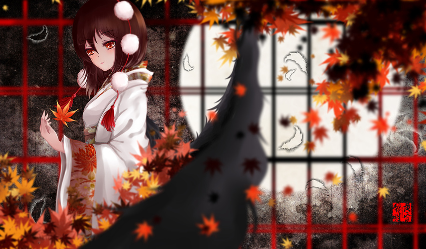 autumn_leaves bad_id bad_pixiv_id brown_eyes brown_hair dclockwork feathers floral_print hat hat_ribbon highres japanese_clothes kimono long_sleeves looking_at_viewer ribbon shameimaru_aya solo touhou tree wide_sleeves yukata