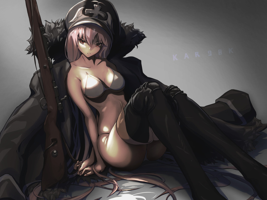 1girl arm_support bangs black_footwear black_hat blush bolt_action boots breasts character_name cleavage collarbone fur_trim girls_frontline grey_swimsuit gun hair_between_eyes hat highres iron_cross kar98k_(girls_frontline) knees_up long_hair looking_at_viewer mauser_98 medium_breasts object_namesake pandarou peaked_cap red_eyes rifle silver_hair sitting smile solo swimsuit thigh_boots thighhighs very_long_hair weapon white_hair